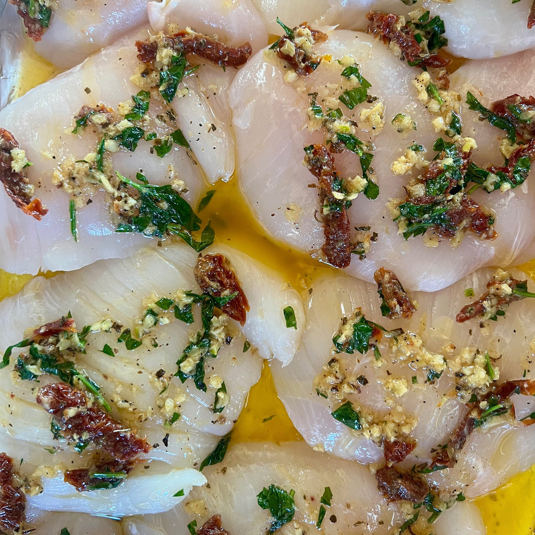 Baked Halibut Cheeks with Garlic Herb Butter & Sun-Dried Tomatoes