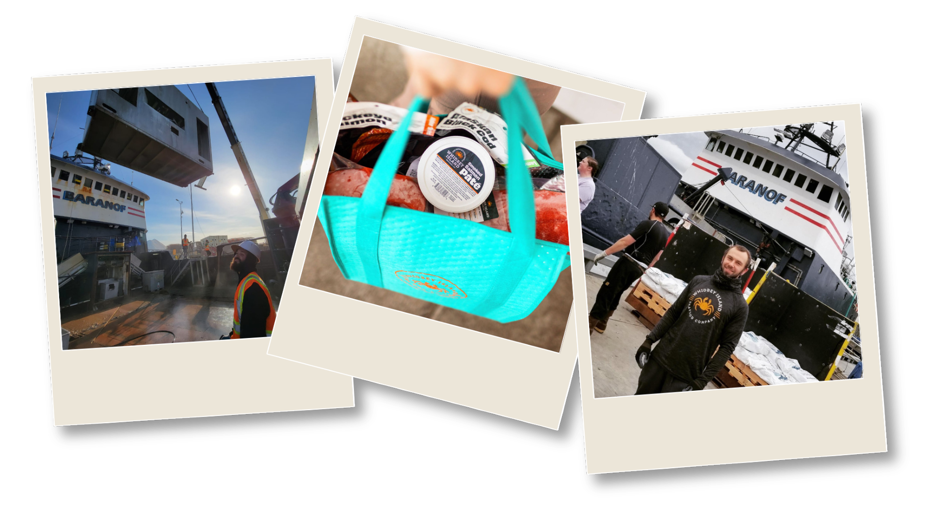 Collage of Whidbey Seafoods operations, including the FV Baranof during offload, a team member dockside in branded gear, and a tote filled with smoked and frozen seafood products.